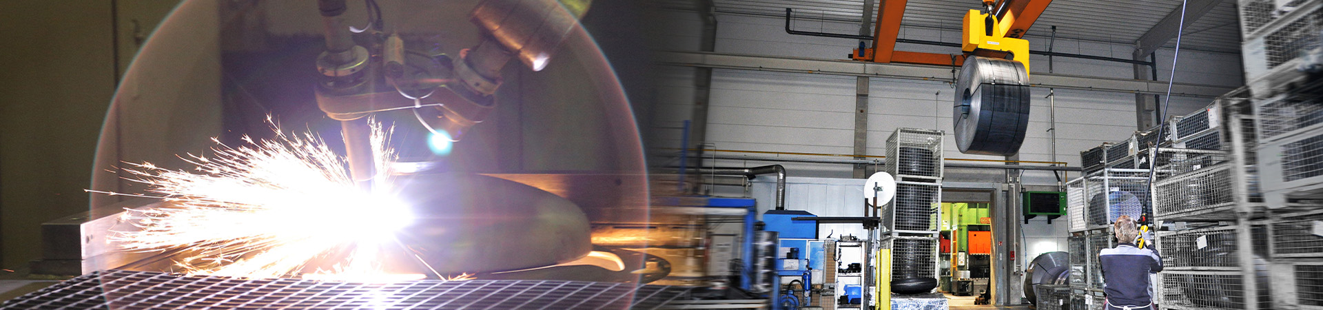 Photomontage with welding robot and storage area for coils