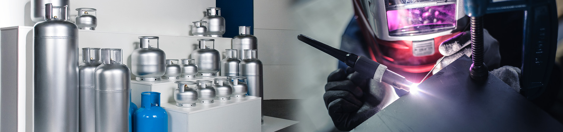 Photomontage with compressed air and gas cylinders and an employee welding