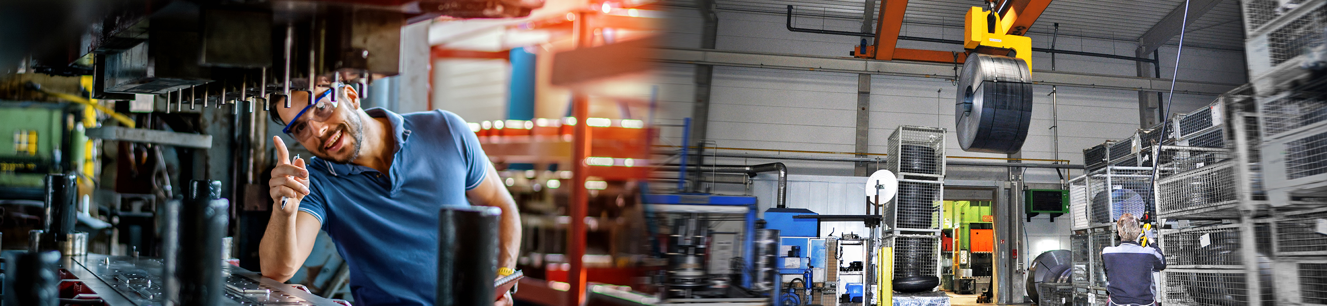 Employee pointing to deep drawing tool and coil storage